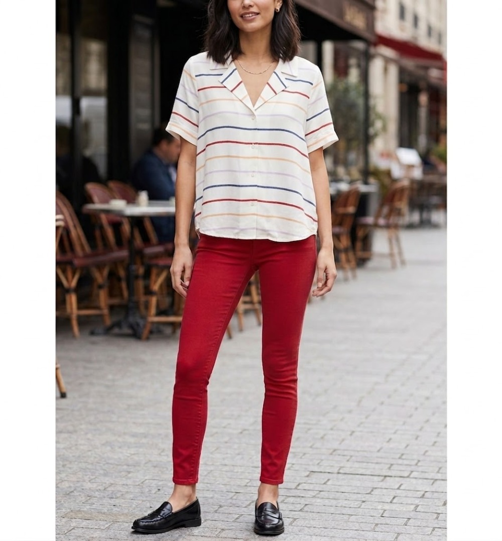 Copper Key Striped Camp Collar Blouse Women XS Ivory Multicolor Short Sleeve Top
